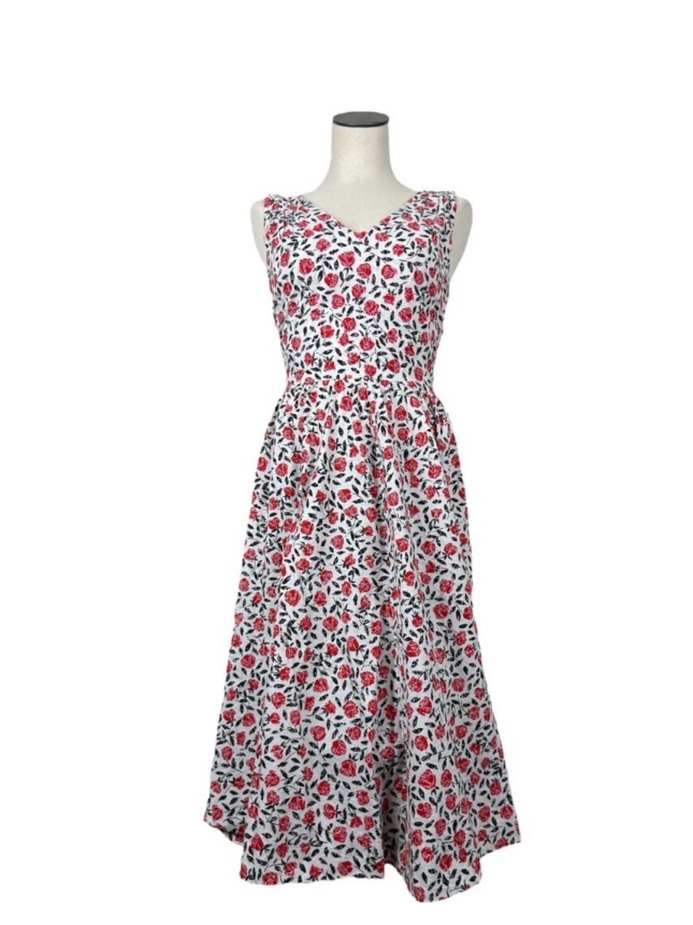 Vintage White Maxi Dress with Red Rose Print